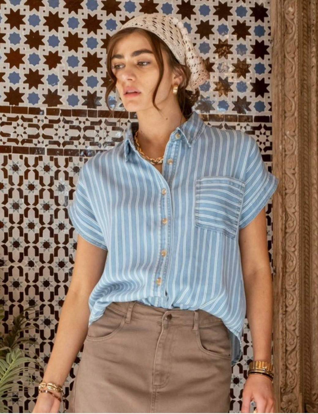 Stripe Chambray Short Sleeve Button Down Shirt
