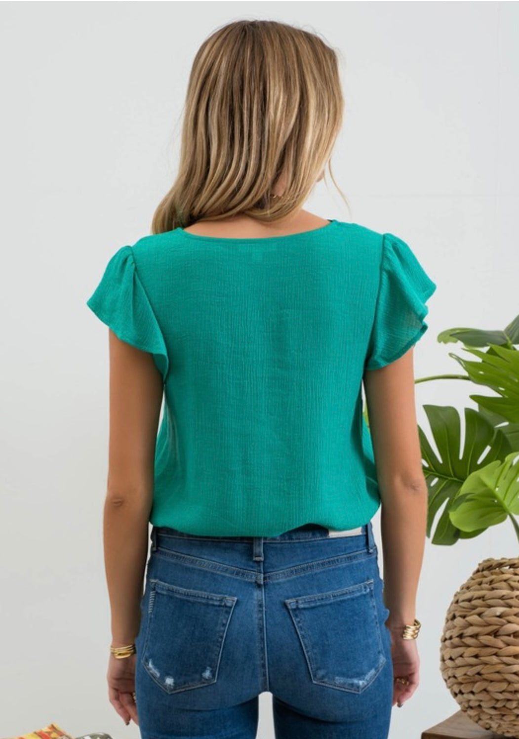 V Neck Scallop Trim Tulip Sleeve Blouse