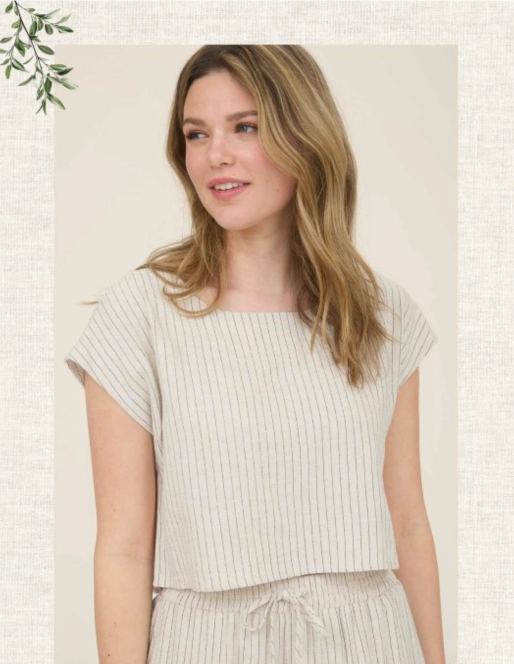 Pinstripe Back Button Short Sleeve Linen Top.      Pinstripe Drawstring Straight Leg Linen Pants