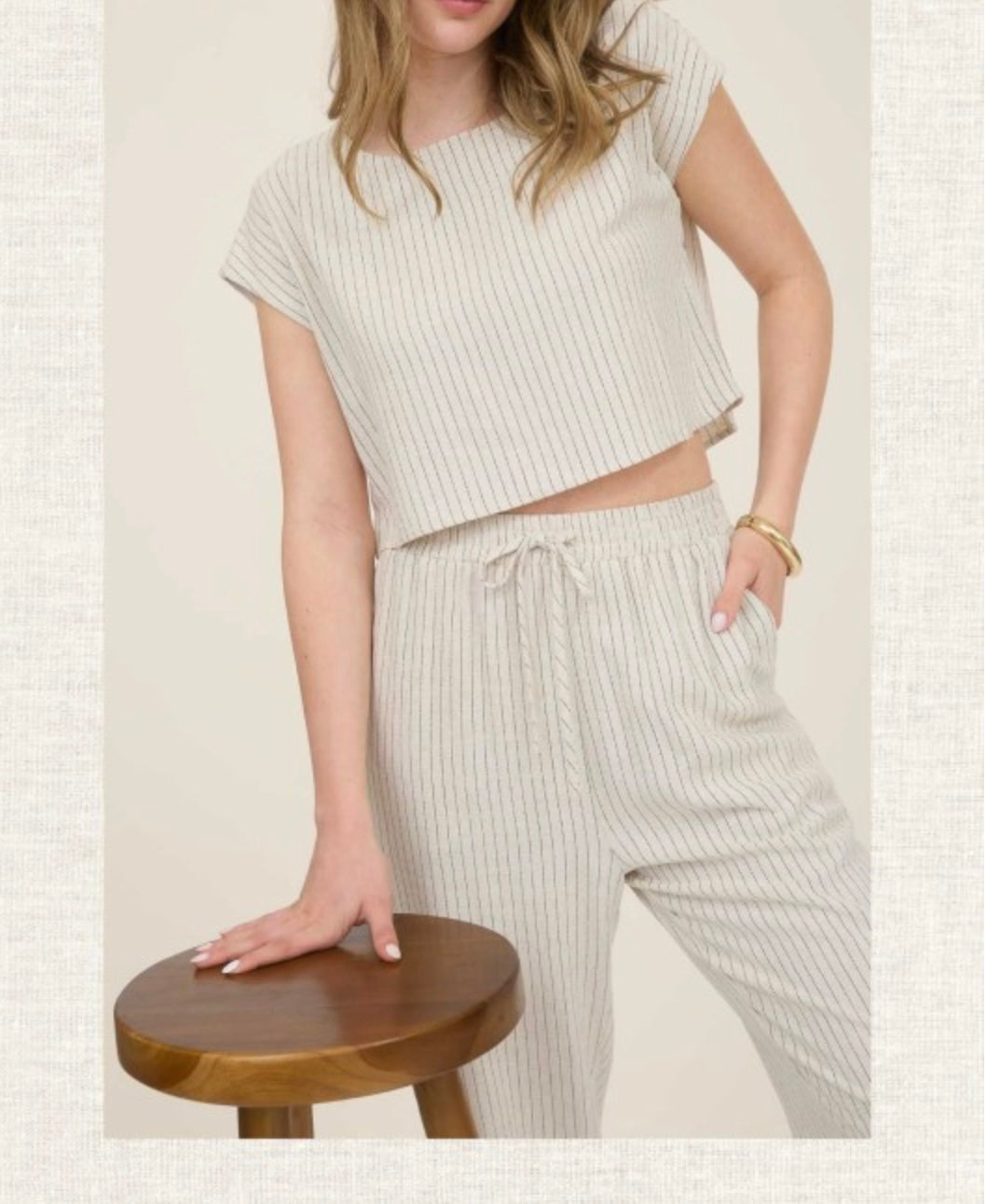 Pinstripe Back Button Short Sleeve Linen Top.      Pinstripe Drawstring Straight Leg Linen Pants