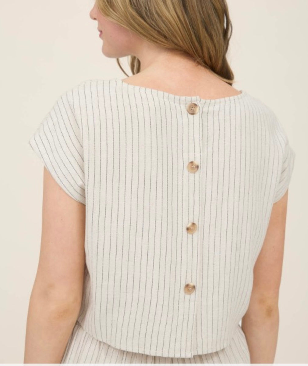 Pinstripe Back Button Short Sleeve Linen Top.      Pinstripe Drawstring Straight Leg Linen Pants