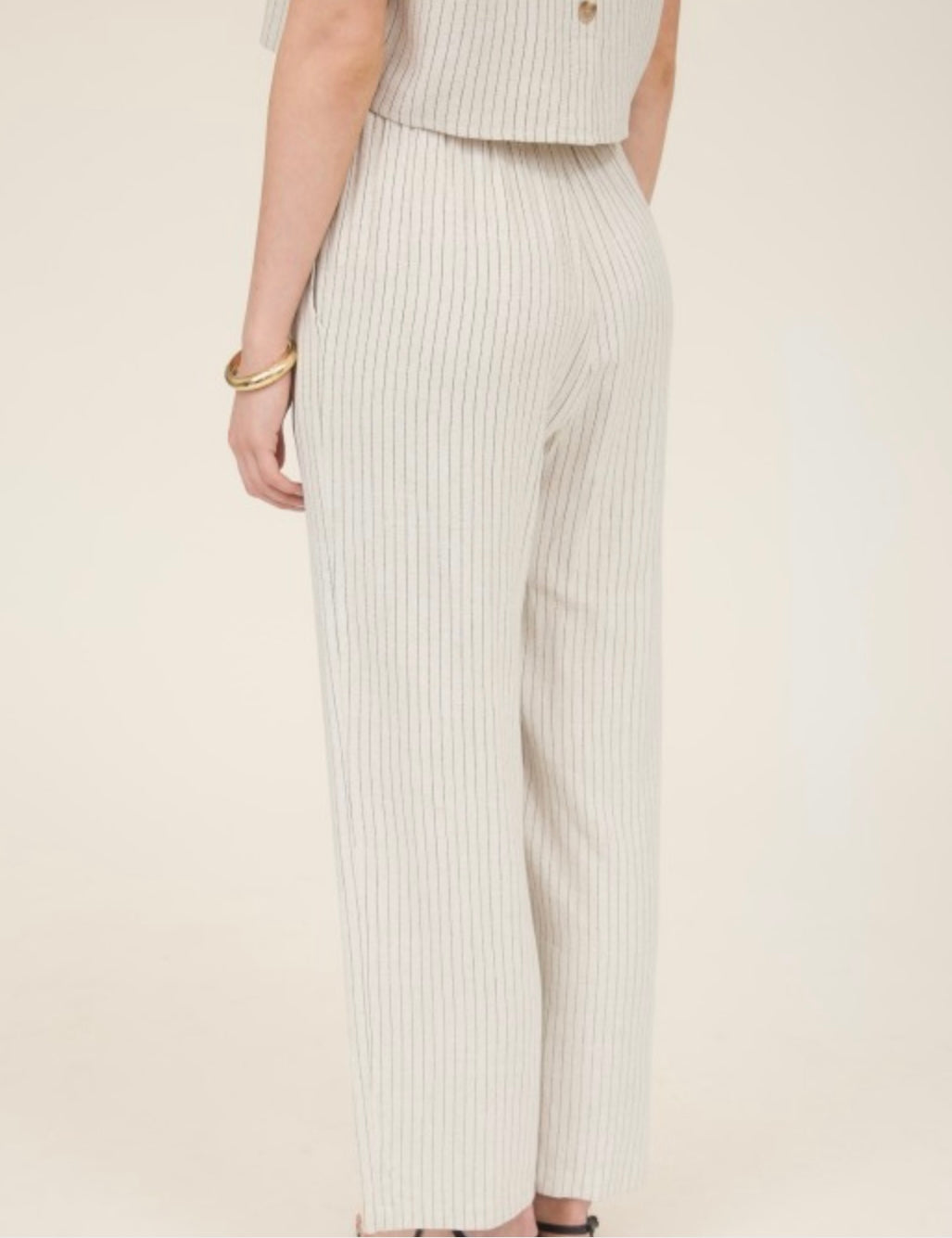 Pinstripe Back Button Short Sleeve Linen Top.      Pinstripe Drawstring Straight Leg Linen Pants
