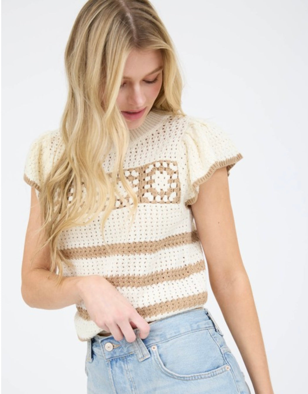 Stripe Short Sleeve Crochet Knit Top