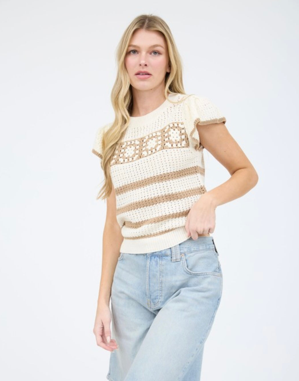 Stripe Short Sleeve Crochet Knit Top