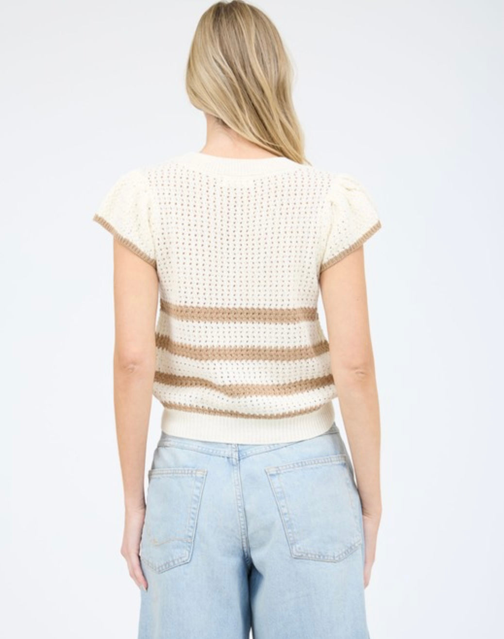 Stripe Short Sleeve Crochet Knit Top