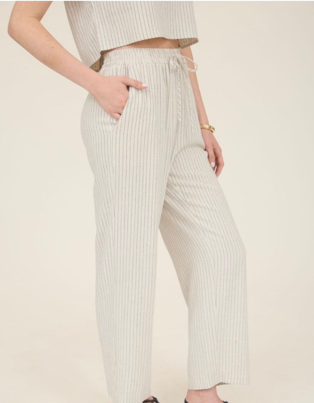Pinstripe Back Button Short Sleeve Linen Top.      Pinstripe Drawstring Straight Leg Linen Pants