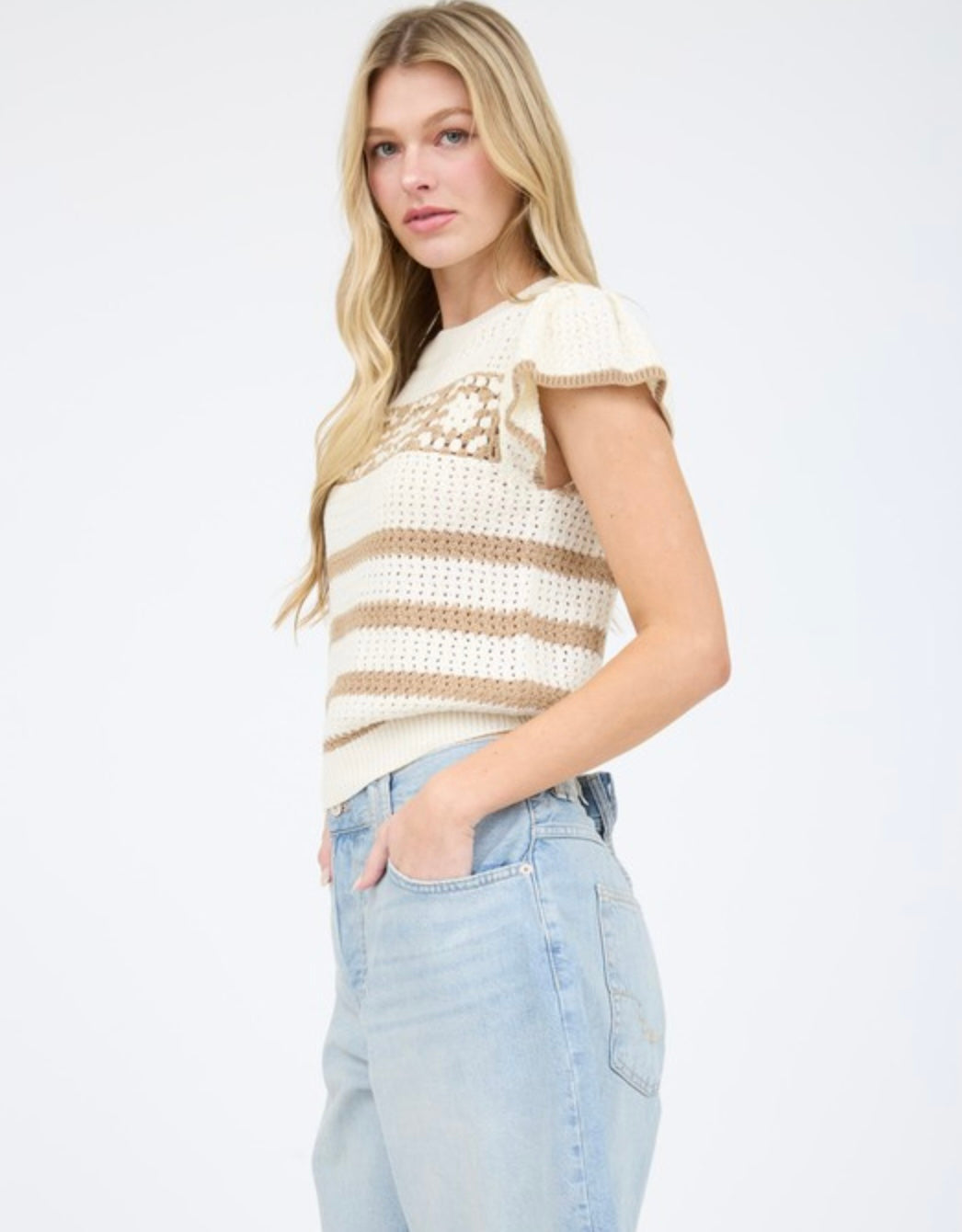 Stripe Short Sleeve Crochet Knit Top