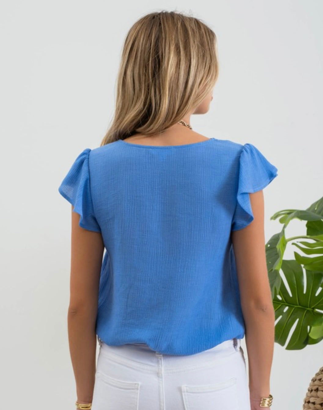 V Neck Scallop Trim Tulip Sleeve Blouse