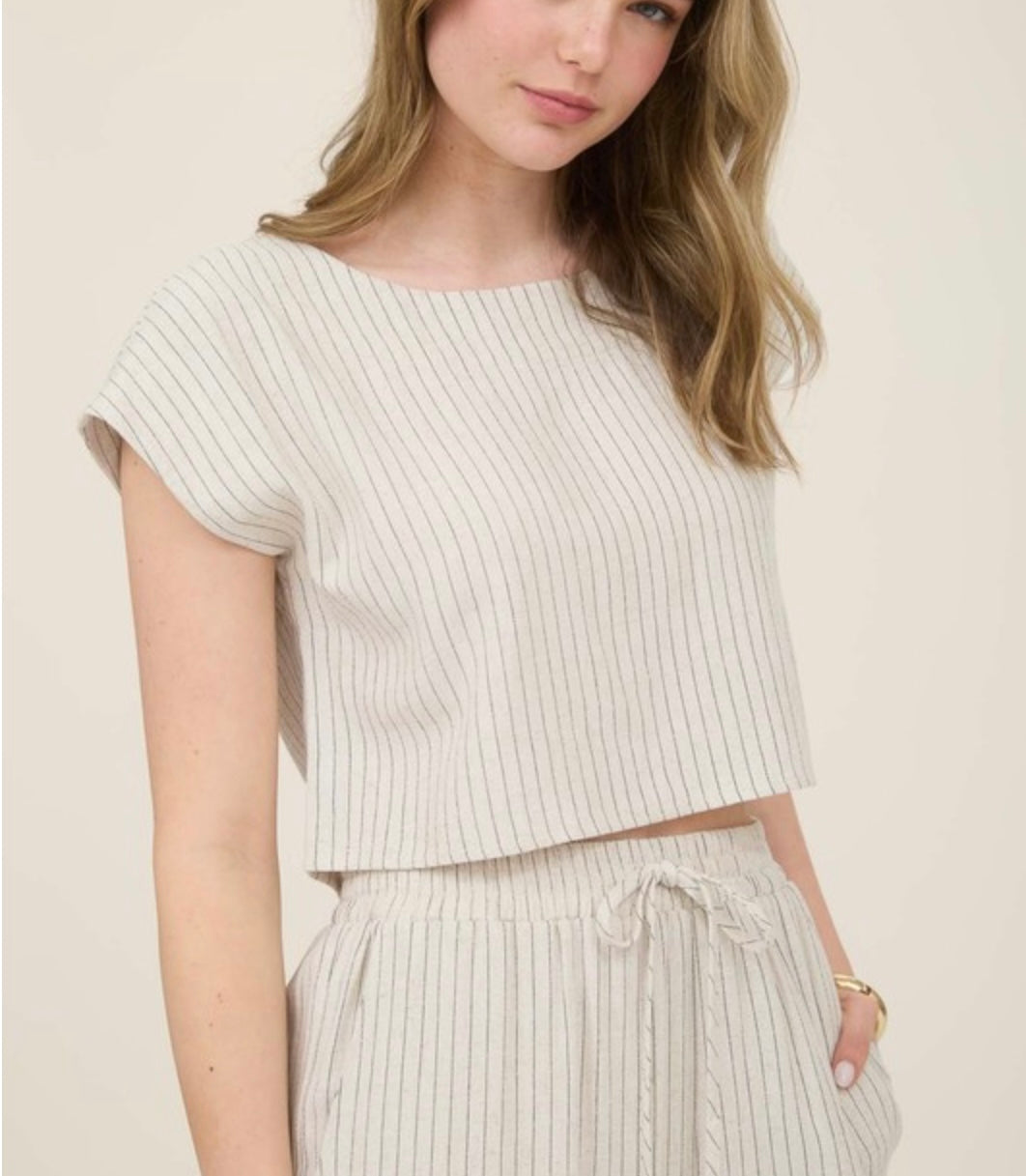 Pinstripe Back Button Short Sleeve Linen Top.      Pinstripe Drawstring Straight Leg Linen Pants