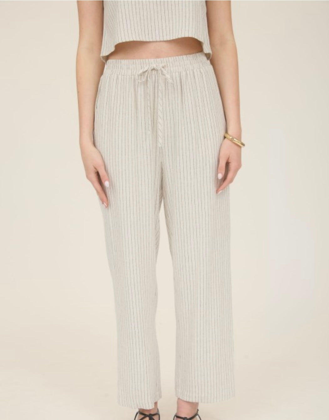 Pinstripe Back Button Short Sleeve Linen Top.      Pinstripe Drawstring Straight Leg Linen Pants