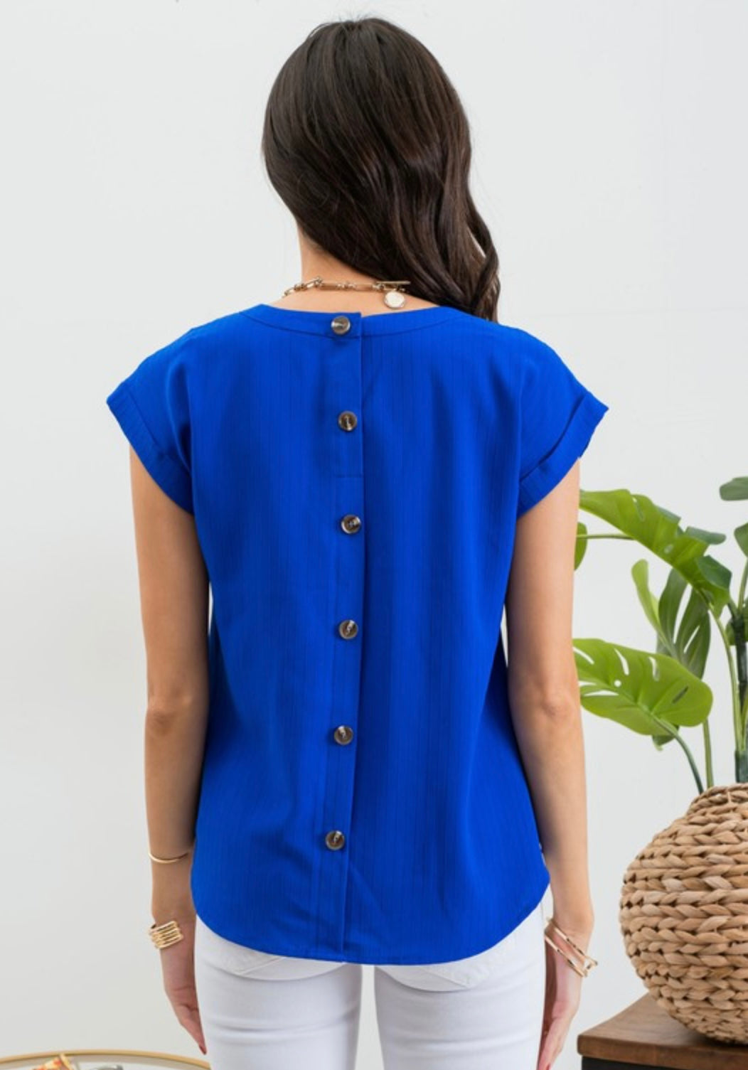 Floral Eyelet Lace Trim Back Button Top